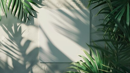 square paper mockup featuring shadow overlays from a tropical plant, a versatile template for flyers, posters, blank canvases, social media posts, or logo designs in a trendy style.