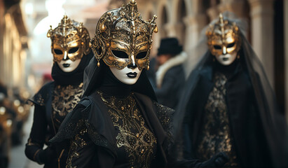 Women are wearing Venetian beautiful mask and costume in evening at carnival event.
