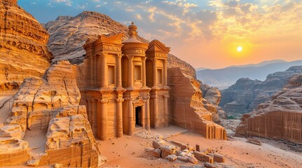 Beautiful ruins of ancient temples in Jordan, nabatienh architecture in desert. Temples with columns at sunset, travel and history concept - obrazy, fototapety, plakaty