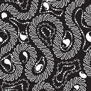 Doodle squiggles and curves hand drawn line art black and white ethnic Paisley flowers seamless pattern. Ornamental vector background. Beautiful textured floral drawing ornaments. Endless texture
