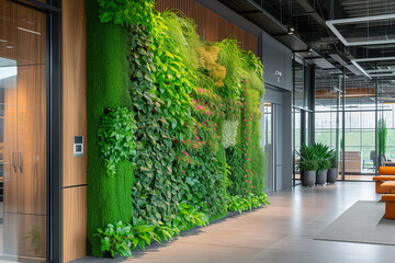 A Modern Office Adorned with a Lush Green Living Wall of Perennial Plants - Showcasing Urban Gardening Landscaping Interior Design, Bringing the Beauty of Nature Indoors