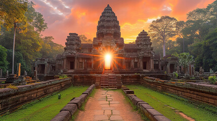 Ancient temple inspired by cambodian Buddhist architecture at sunset - obrazy, fototapety, plakaty