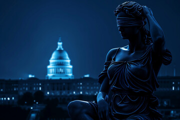 Dramatic Blue-Toned Depiction of Lady Justice Overlooking the Capitol - obrazy, fototapety, plakaty