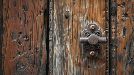 Fototapeta premium an aged wooden door, focusing on the rustic beauty of its textured surface and the character imbued by the vintage metal handle in a compelling close-up shot.