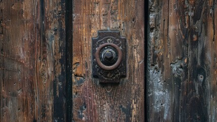 an aged wooden door, focusing on the rustic beauty of its textured surface and the character imbued by the vintage metal handle in a compelling close-up shot.
