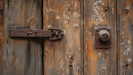 Fototapeta premium an aged wooden door, focusing on the rustic beauty of its textured surface and the character imbued by the vintage metal handle in a compelling close-up shot.