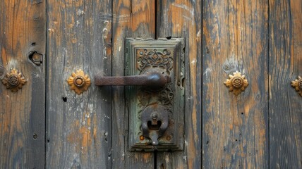 an aged wooden door, focusing on the rustic beauty of its textured surface and the character imbued by the vintage metal handle in a compelling close-up shot.