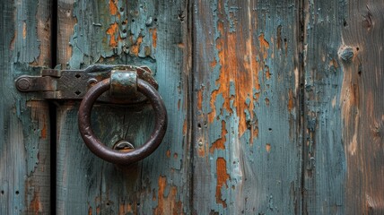 an aged wooden door, focusing on the rustic beauty of its textured surface and the character imbued by the vintage metal handle in a compelling close-up shot.