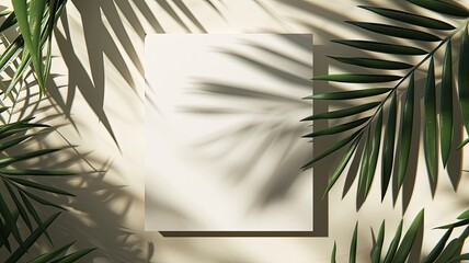 square paper mockup featuring shadow overlays from a tropical plant, a versatile template for flyers, posters, blank canvases, social media posts, or logo designs in a trendy style.