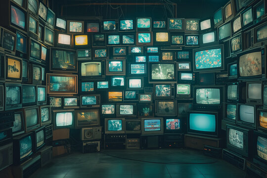 A Dark Room Filled with Numerous TV Screens - Depicting Television Addiction, the Manipulation of People through Mass Media, and the Pervasive Consumption of Entertainment and Streaming Content