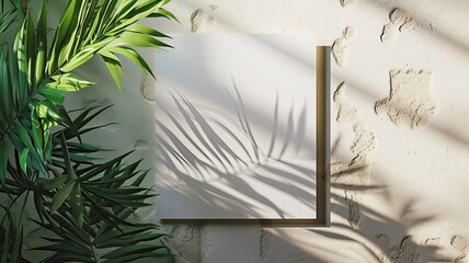 square paper mockup featuring shadow overlays from a tropical plant, a versatile template for flyers, posters, blank canvases, social media posts, or logo designs in a trendy style.