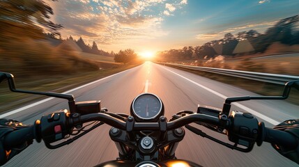 a motorcycle speeds down an empty road, the landscape blurred in the background, conveying the thrill of a dynamic journey with ample space for personalized text.
