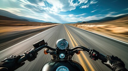 a motorcycle speeds down an empty road, the landscape blurred in the background, conveying the thrill of a dynamic journey with ample space for personalized text.