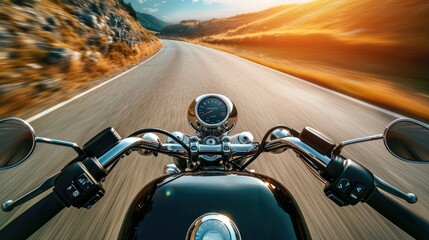 a motorcycle speeds down an empty road, the landscape blurred in the background, conveying the thrill of a dynamic journey with ample space for personalized text.