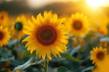 An exuberant field of sunflowers bathed in golden sunlight, radiating warmth and joy. Concept of embracing the sun's positivity. Generative Ai.