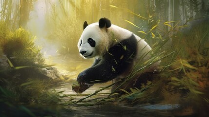 A giant panda is looking for food in a bamboo forest