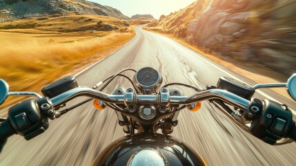 a motorcycle speeds down an empty road, the landscape blurred in the background, conveying the thrill of a dynamic journey with ample space for personalized text.