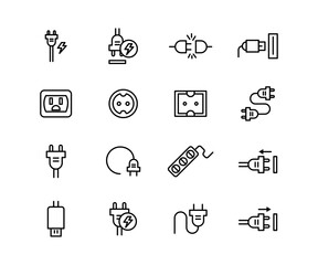 Vector black line icon set plug connection. Symbol cable technology power connect computer and cord equipment. Network device pictogram switch and collection mains outlet hardware