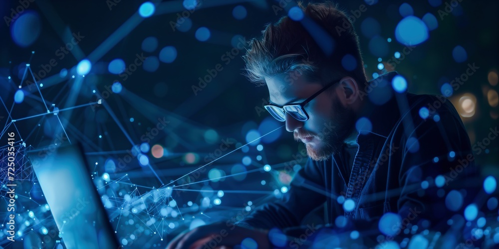 Wall mural man on a laptop with dynamic digital network graphics overlay.