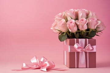 Beautiful bouquet flowers pink roses and gift box with satin bow on pink background. Birthday,...