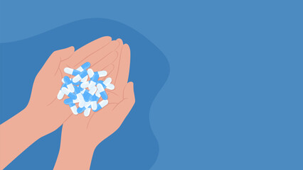 Hands with a pile of white and blue pills in the palms, top view. Flat vector illustration with copy space
