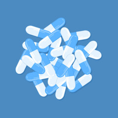 Pile of white and blue capsules on a blue background, top view. Flat vector illustration