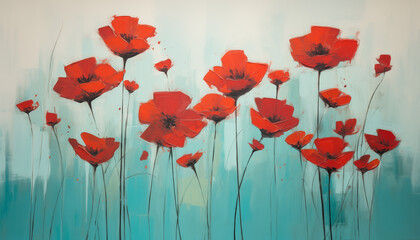 red poppies on a blue background in painting style