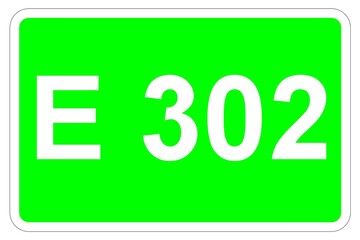 Illustration eines Europastraßenschildes der E 302 in Europa	