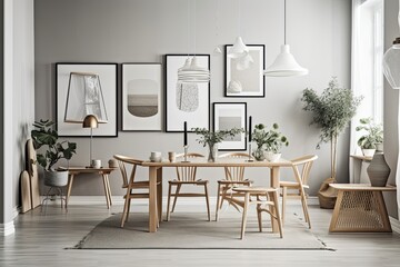 Elegant Scandinavian interior design of living room with design wooden chairs, dining table, plants, accessories, and gallery wall with mock up posters. gray walls as a backdrop modern interior design
