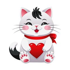 Cute kitten with a red ribbon and a heart in its paws. Cartoon character for valentine's day, wedding, birthday. Vector illustration.