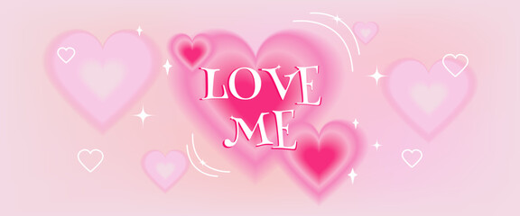 Happy Valentine's Day background with y2k gradient. Template design with 3D hearts on the theme of the 90s, 2000s. Trendy pink banner in the style of 00s aesthetics. Vector illustration.