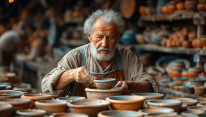 Portrait of an old craftsman making ceramic bowls