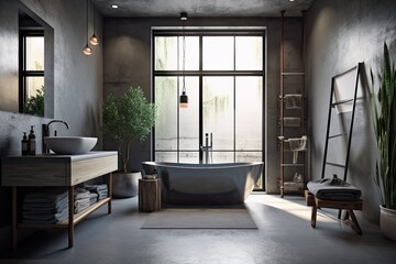 Interior of a contemporary bathroom with gray walls, a concrete floor, a loft window, a ladder, a wood sink, and a bathtub. Spas, hotels, and upscale properties a mockup