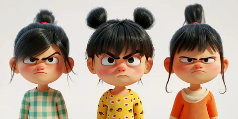 Fotobehang Angry stressed mad three cartoon characters girl kid child teen female person portrait in 3d style design on light background. Human people feelings expression concept © Cherstva