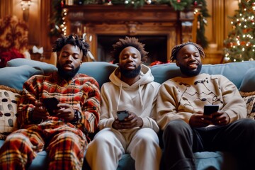 Three joyful friends sitting on a sofa at home during the festive Christmas season, enjoying time together and using their phones.