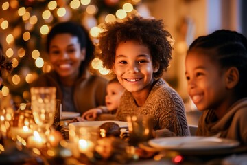 Joyful family enjoying a festive Christmas dinner together, with children smiling and Christmas lights glowing warmly in the background.
