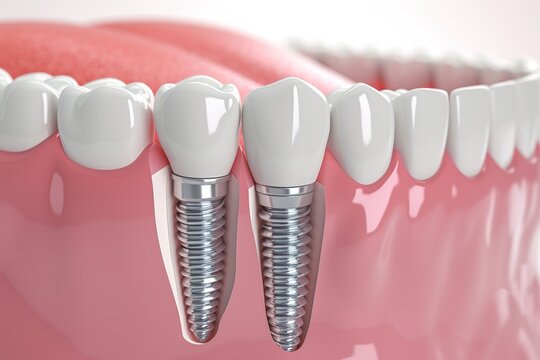 Illustration of human jaw with dental tooth implants. 3D rendering