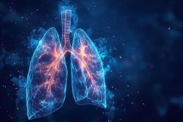 Hologram of human lungs. X ray of lungs. 3D rendering. Cancer - obrazy, fototapety, plakaty