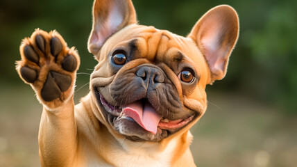 French bulldog giving a paw looking up like a model. Outdoor background, with paw high five.
