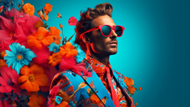 Modern pop art portrait of handsome man in red sunglasses wearing colorful jacket on minimal floral background with copy space for text. Contemporary drawing painting poster
