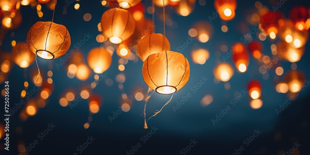 Poster A cluster of paper lanterns suspended from the ceiling. Perfect for adding a touch of whimsy to any event or celebration
