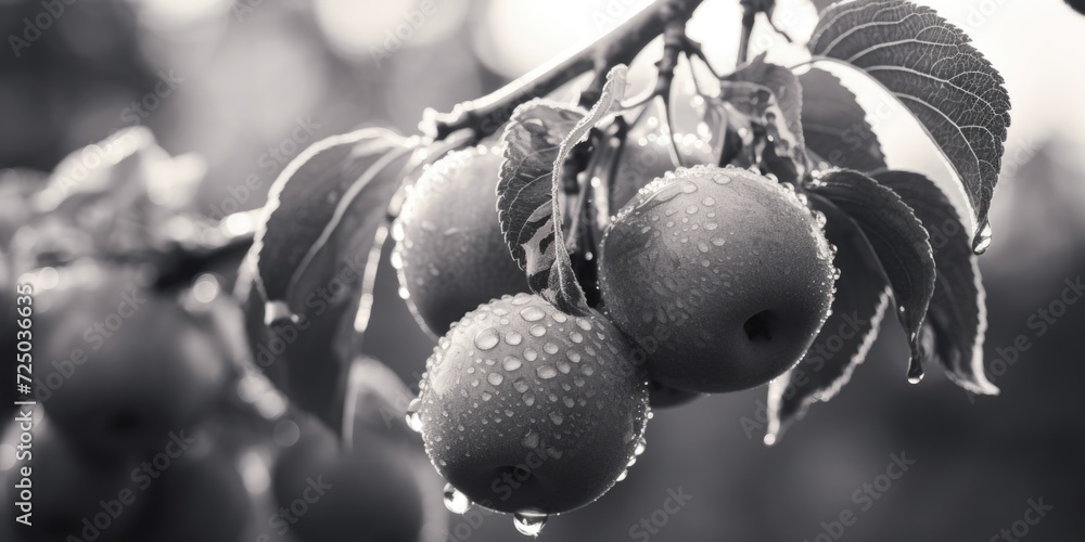 Poster a black and white photo of fruit hanging on a tree. suitable for various uses