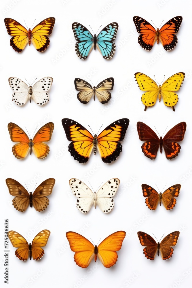 Poster A collection of various colored butterflies resting on a white surface. This versatile image can be used for nature, beauty, or summer-themed designs