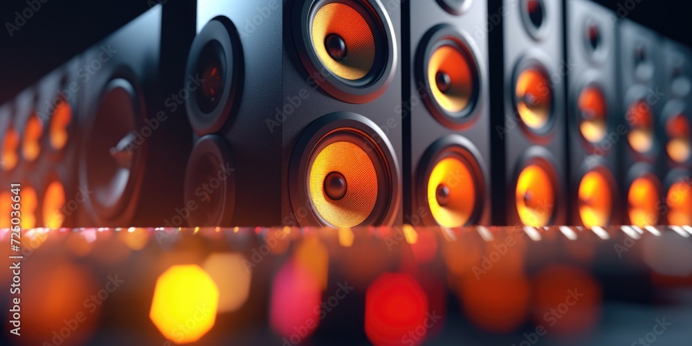 Poster a group of speakers arranged neatly on a table. perfect for music events or audio presentations