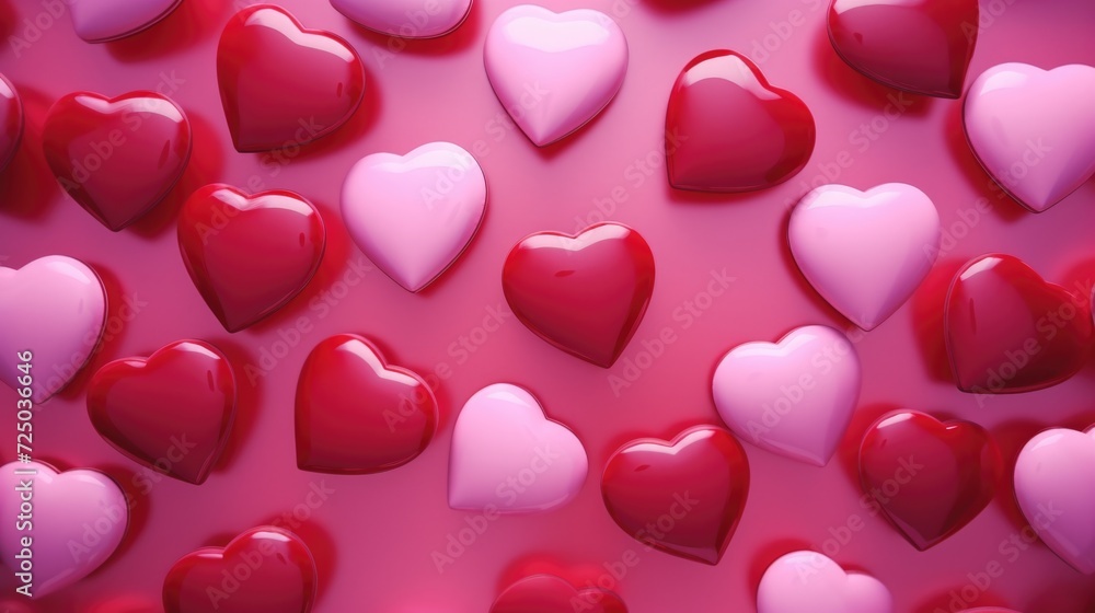 Poster A vibrant image featuring a multitude of red and white hearts on a pink background. Perfect for expressing love and affection in various projects