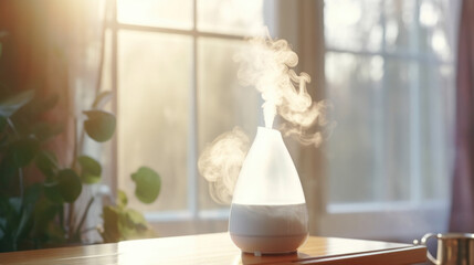 A white humidifier sitting on top of a wooden table. Can be used for home or office environments