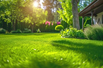 Back house yard with green grass and nice landscaping with sunlights - obrazy, fototapety, plakaty