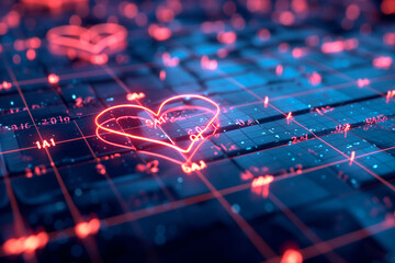 Electronic circuit board with red hearts, close-up. Technology background - obrazy, fototapety, plakaty