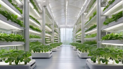 Vertical hydroponic farming in a high-tech skyscraper including hydroponic shelves in an agricultural greenhouse - obrazy, fototapety, plakaty