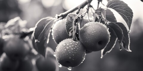 A black and white photo of fruit hanging on a tree. Suitable for various uses